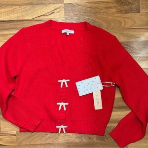 Sweet Rain Red Women's Cardigan with Bow Accents